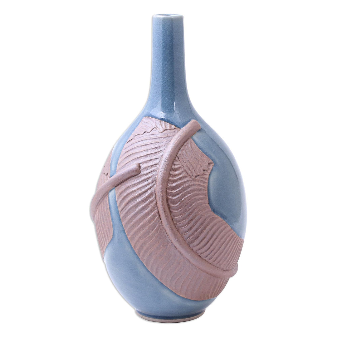 Hand Crafted Celadon Ceramic Banana Leaf Vase - Blue Banana