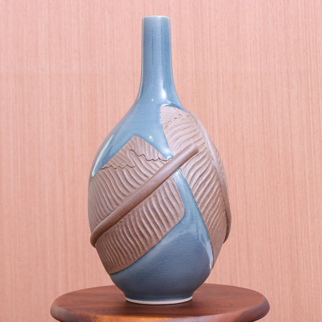 Hand Crafted Celadon Ceramic Banana Leaf Vase - Blue Banana