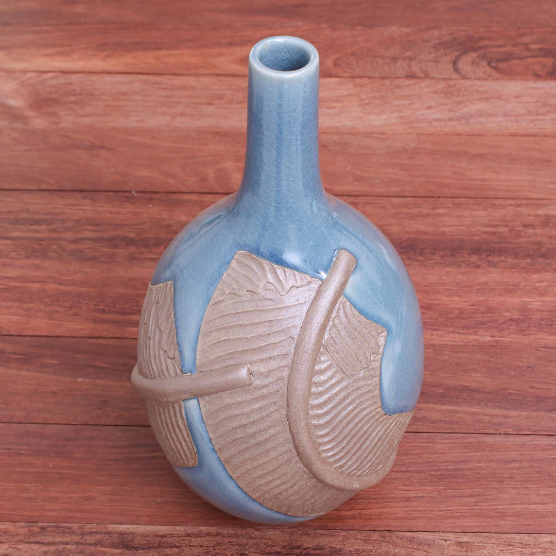 Hand Crafted Celadon Ceramic Banana Leaf Vase - Blue Banana