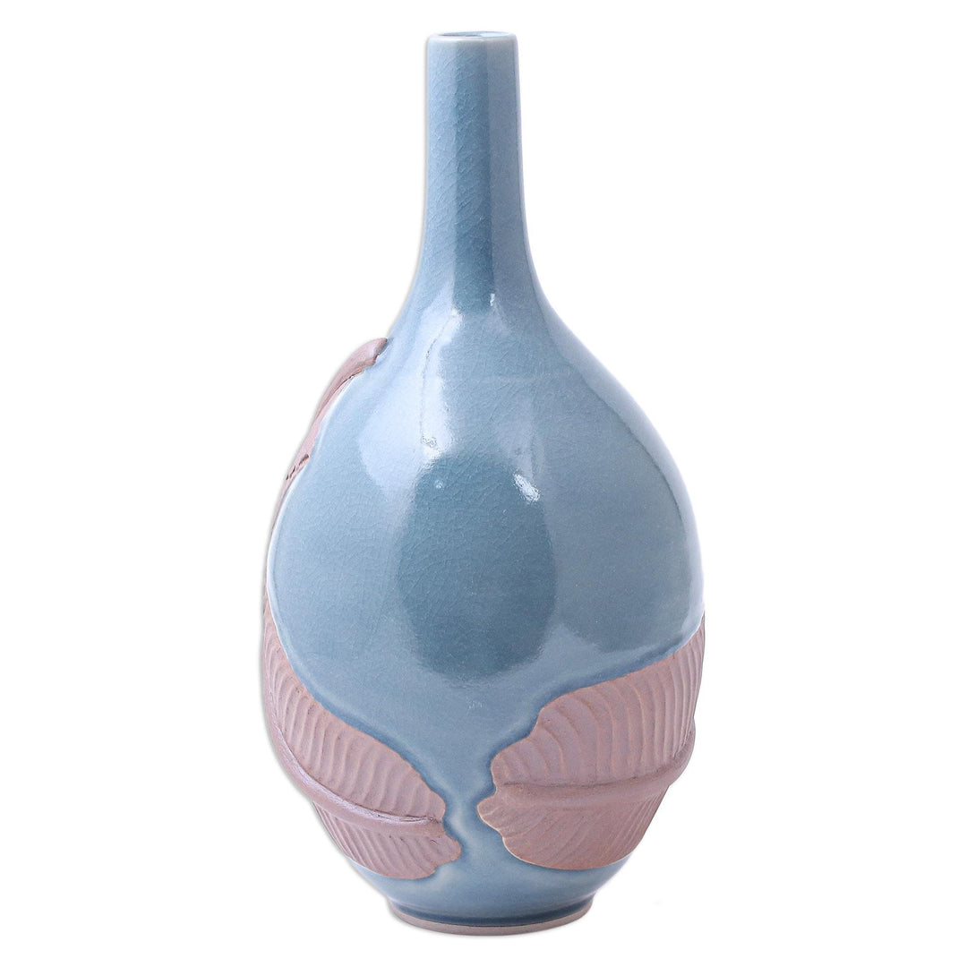 Hand Crafted Celadon Ceramic Banana Leaf Vase - Blue Banana