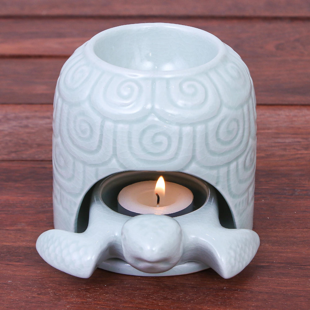 Hand Made Celadon Ceramic Turtle Shell Oil Warmer - Turtle Cave
