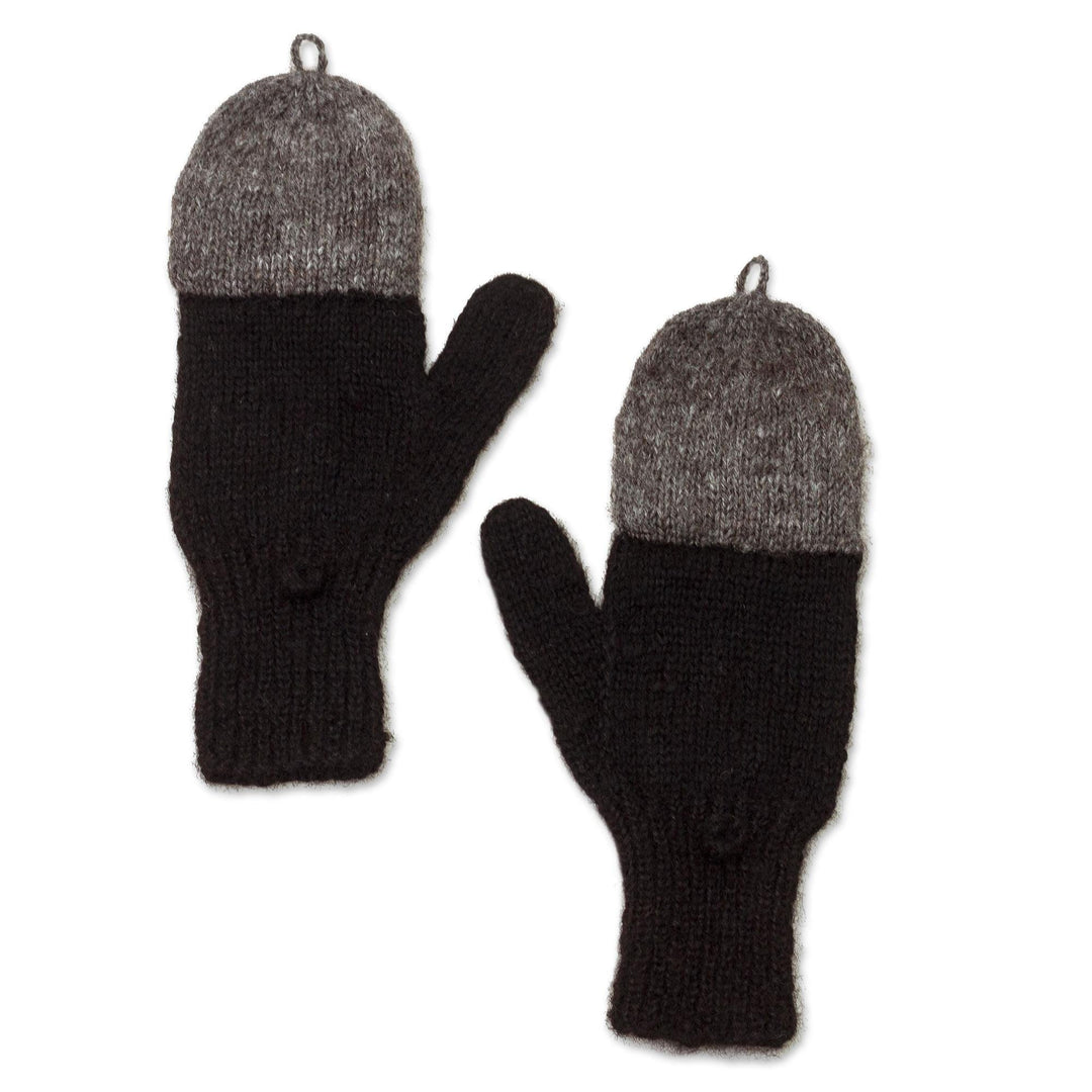 Black and Grey Convertible 100% Alpaca Mittens - Winter Mornings