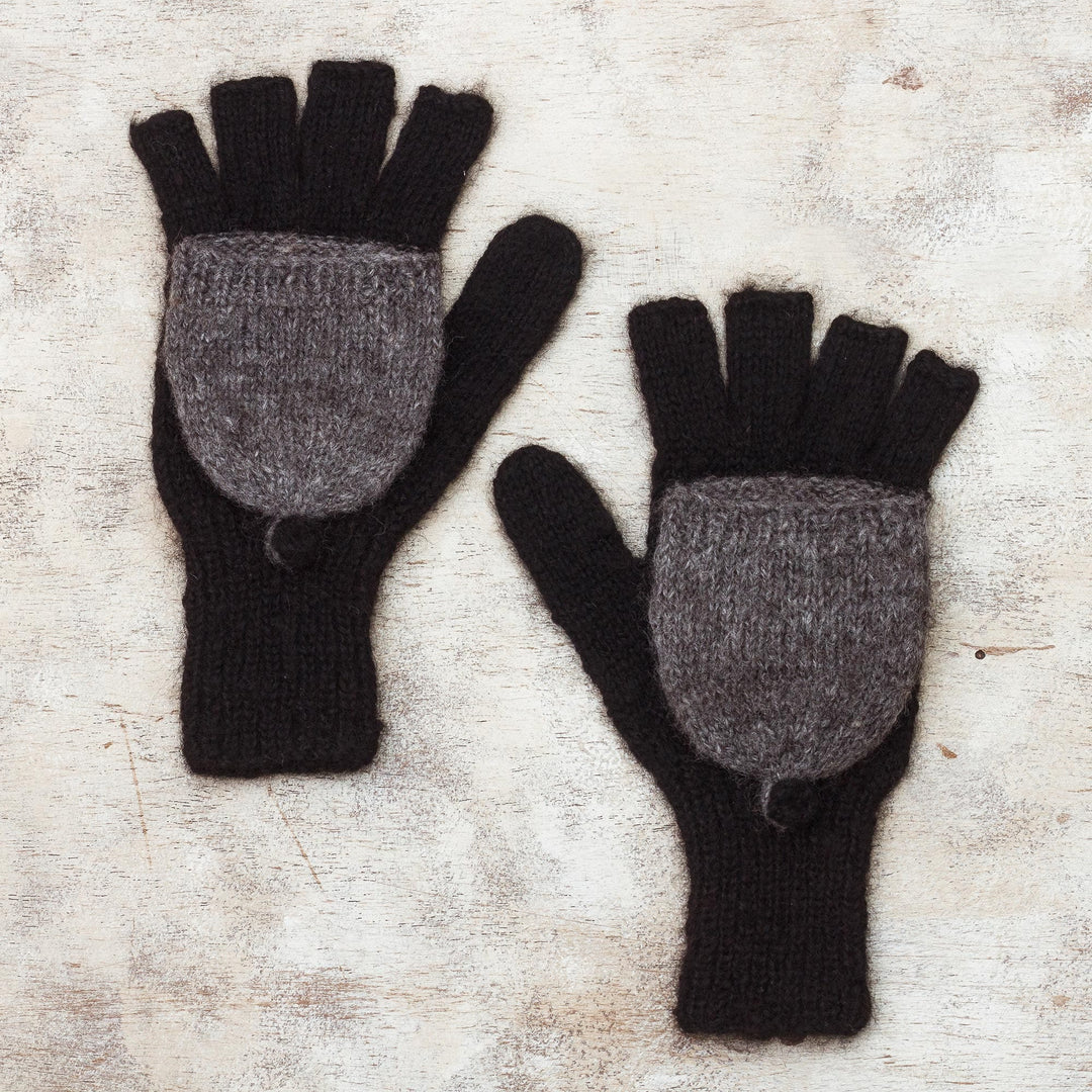 Black and Grey Convertible 100% Alpaca Mittens - Winter Mornings