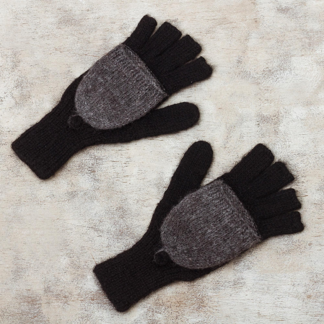 Black and Grey Convertible 100% Alpaca Mittens - Winter Mornings