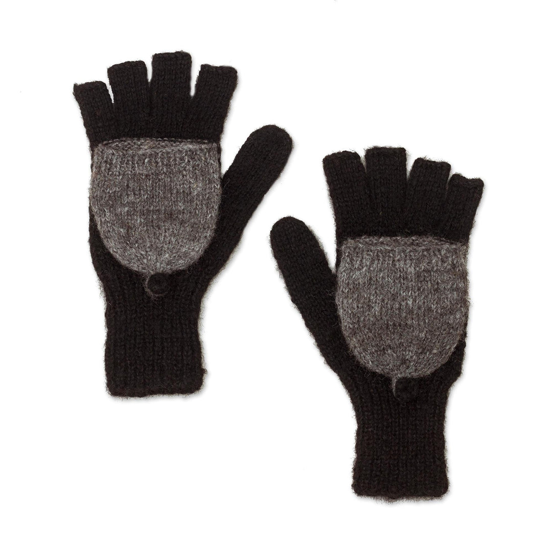 Black and Grey Convertible 100% Alpaca Mittens - Winter Mornings