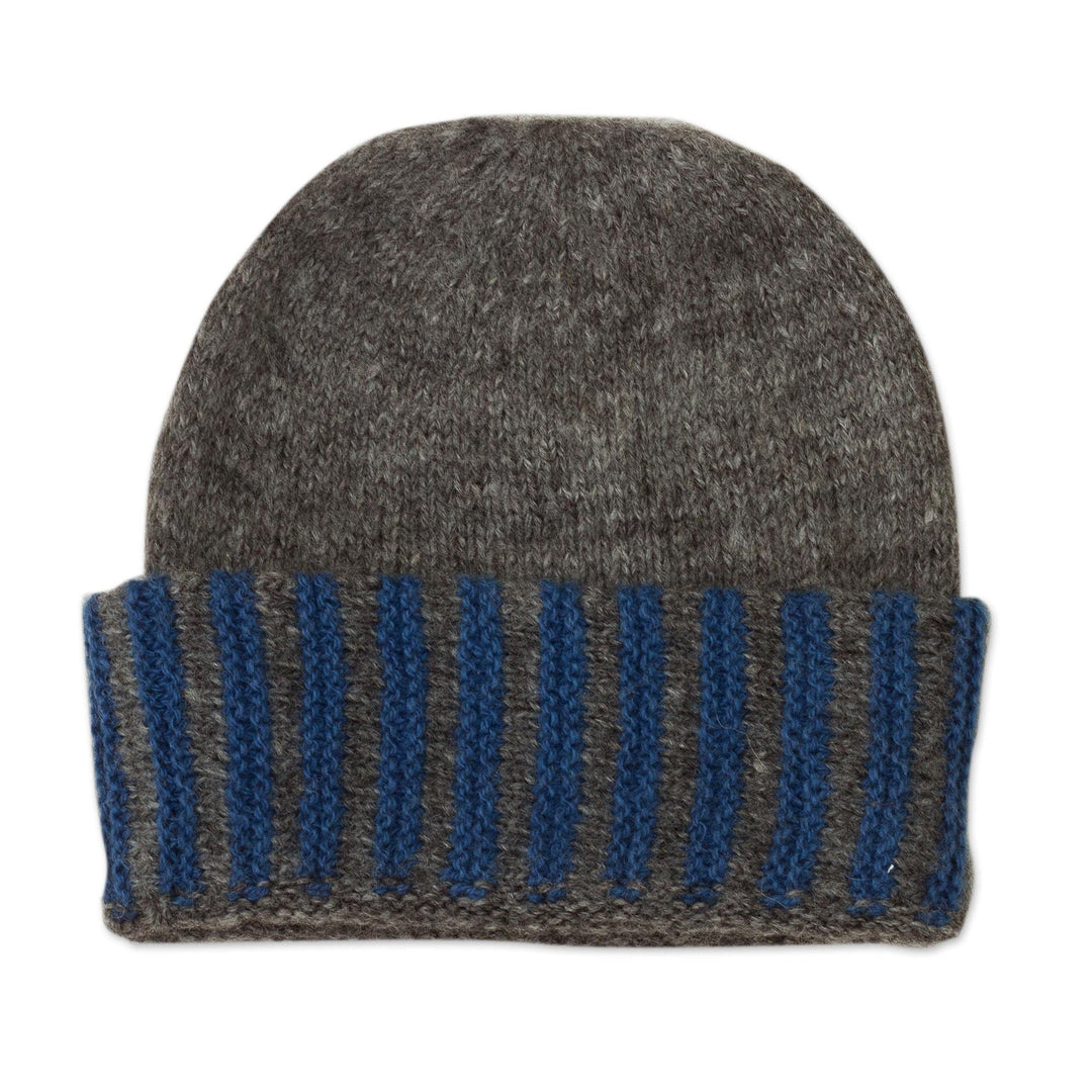 Knit 100% Alpaca Grey and Blue Hat - Snug Harbor