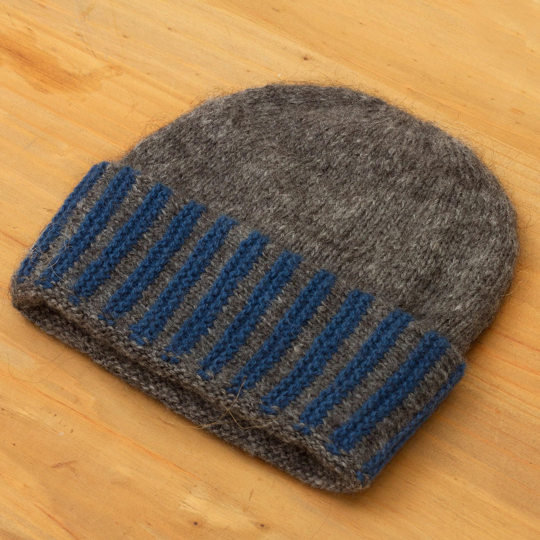 Knit 100% Alpaca Grey and Blue Hat - Snug Harbor