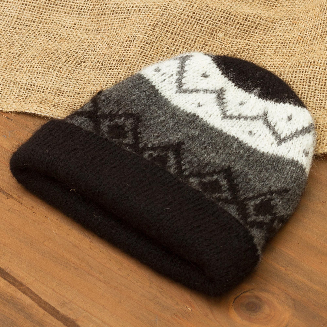 Knit 100% Alpaca Hat in Black and Grey - Nordic Nights