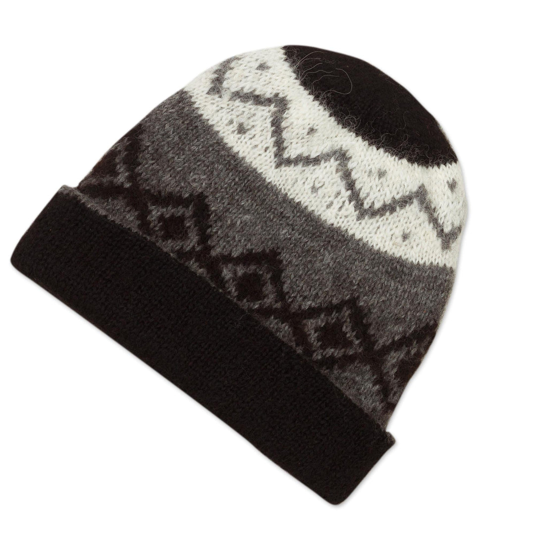 Knit 100% Alpaca Hat in Black and Grey - Nordic Nights
