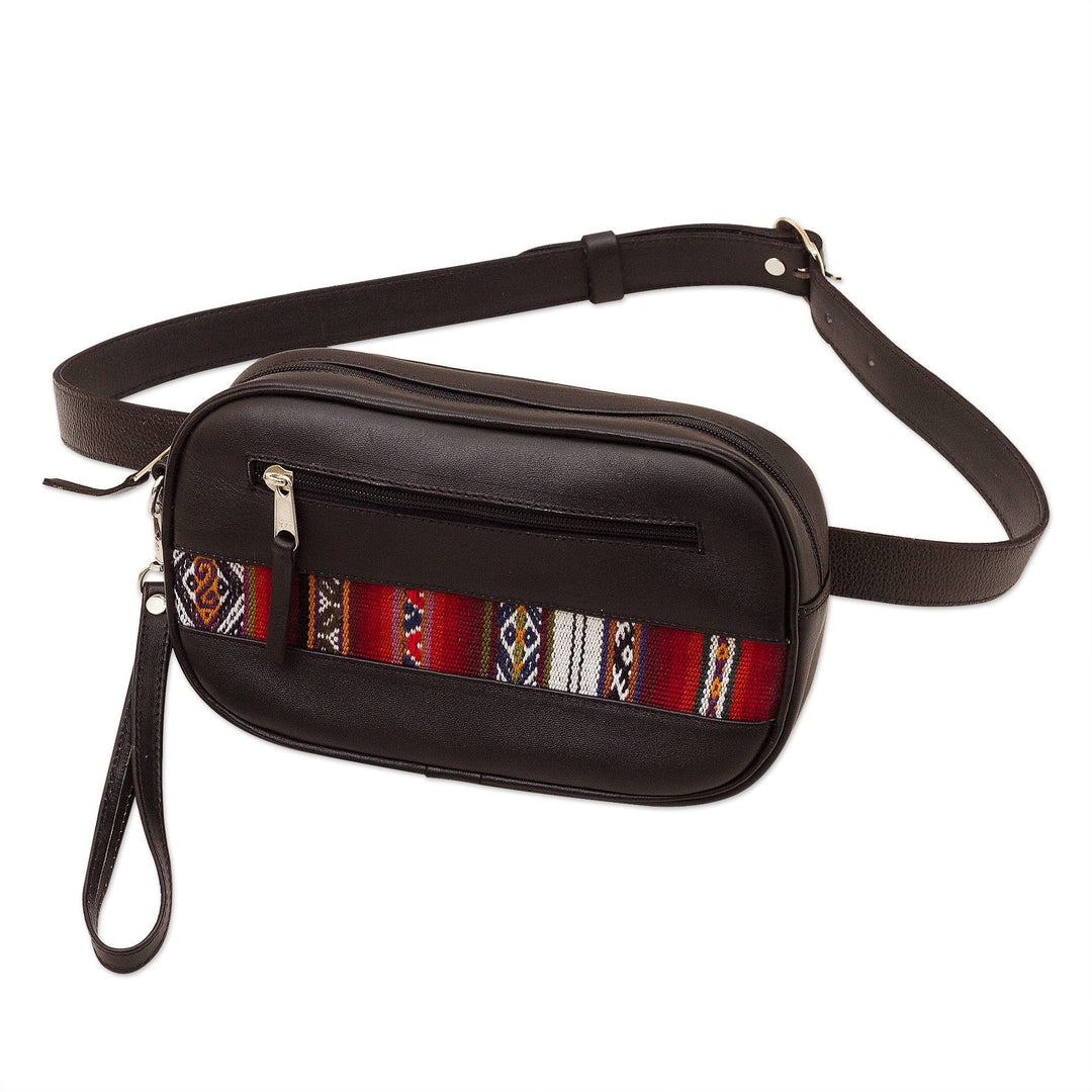 Versatile Black Leather Waist Bag or Wristlet - Adventure in Red