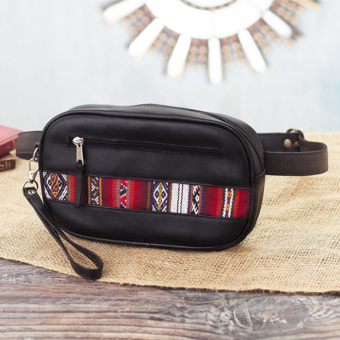Versatile Black Leather Waist Bag or Wristlet - Adventure in Red