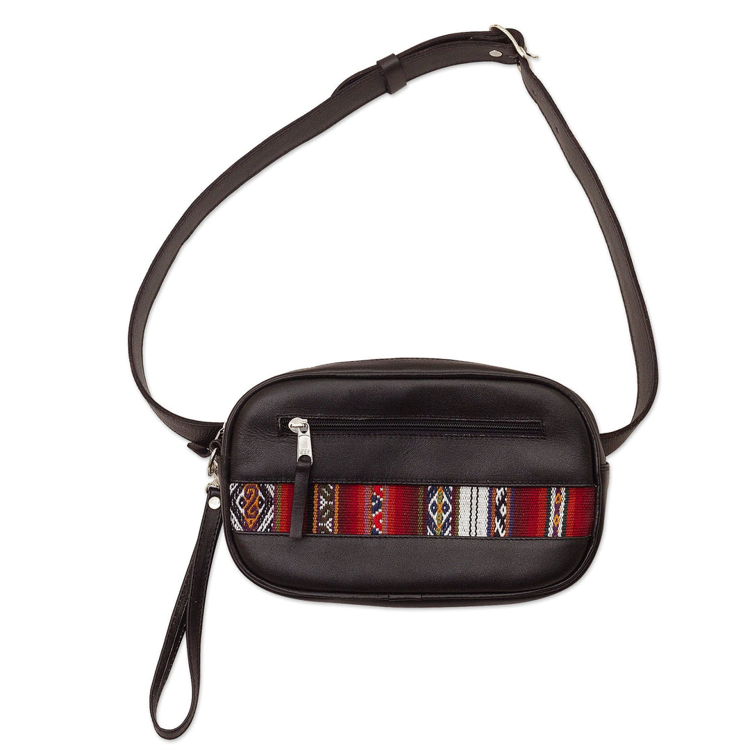 Versatile Black Leather Waist Bag or Wristlet - Adventure in Red