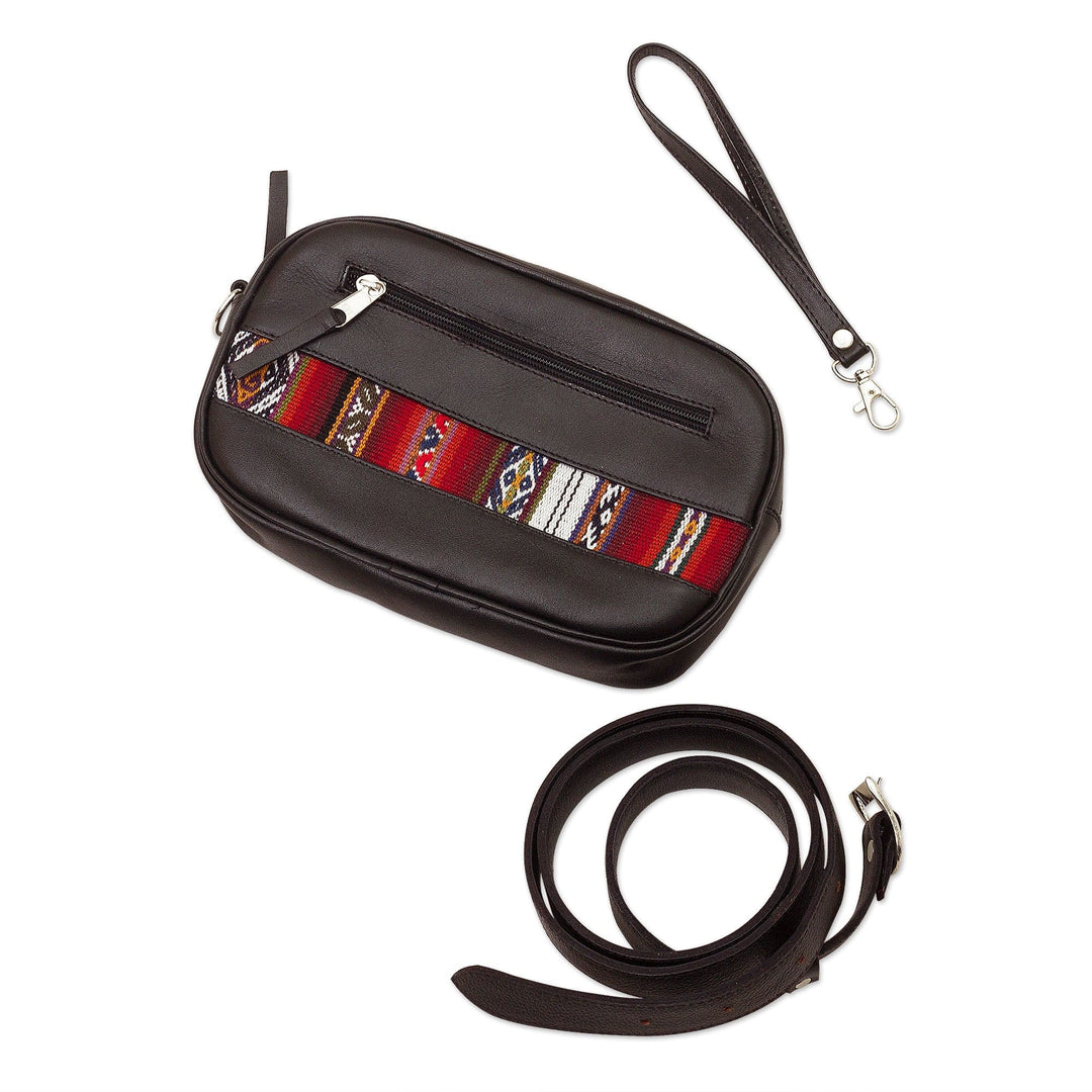 Versatile Black Leather Waist Bag or Wristlet - Adventure in Red