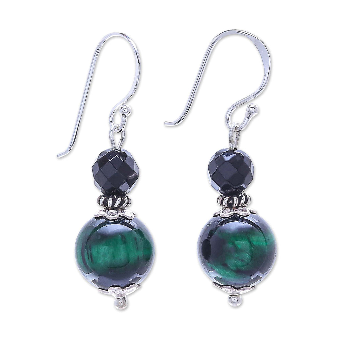 Hand Crafted Tiger's Eye and Onyx Dangle Earrings - Mystic Green