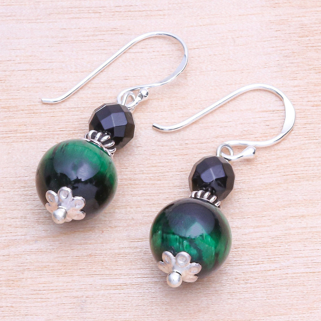 Hand Crafted Tiger's Eye and Onyx Dangle Earrings - Mystic Green