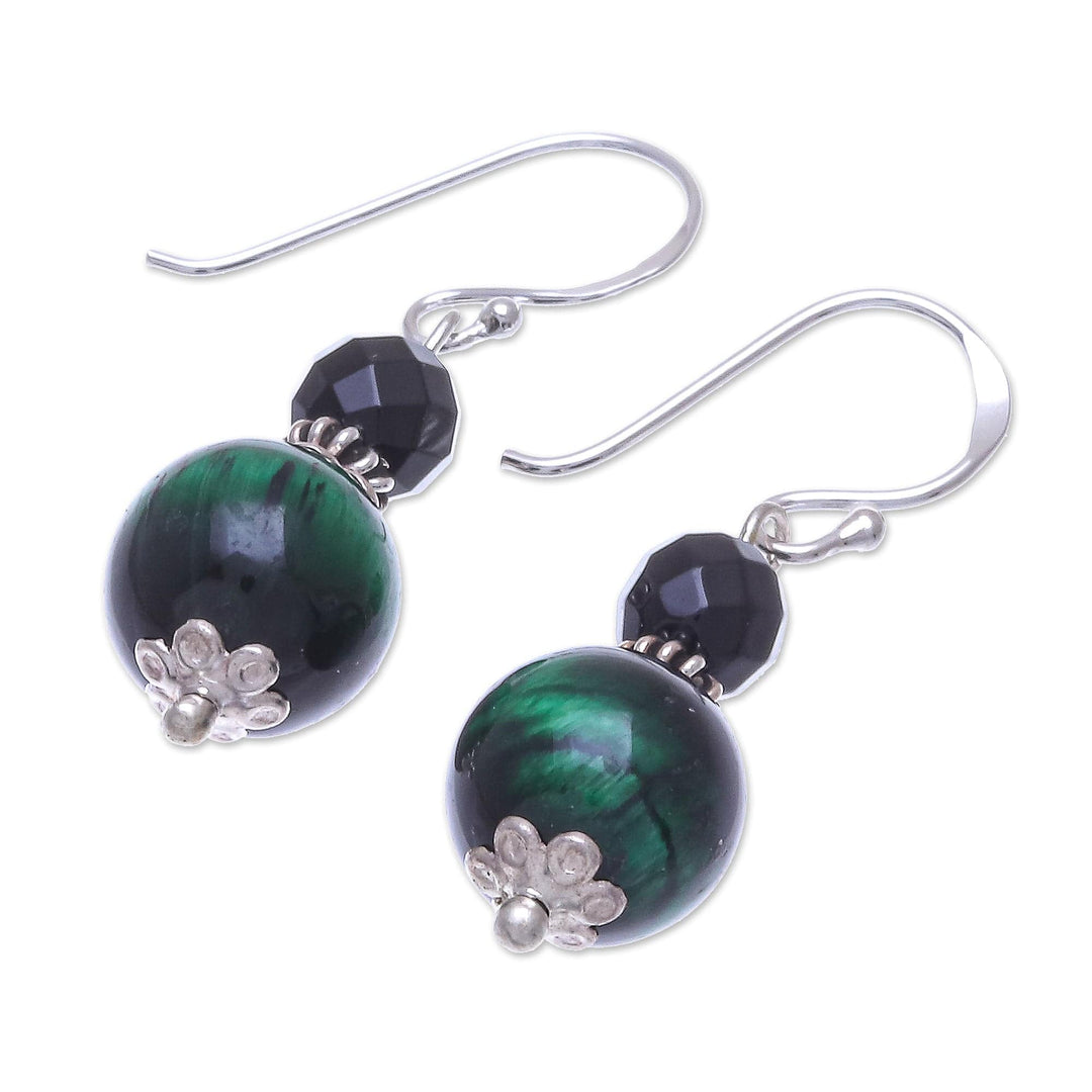 Hand Crafted Tiger's Eye and Onyx Dangle Earrings - Mystic Green