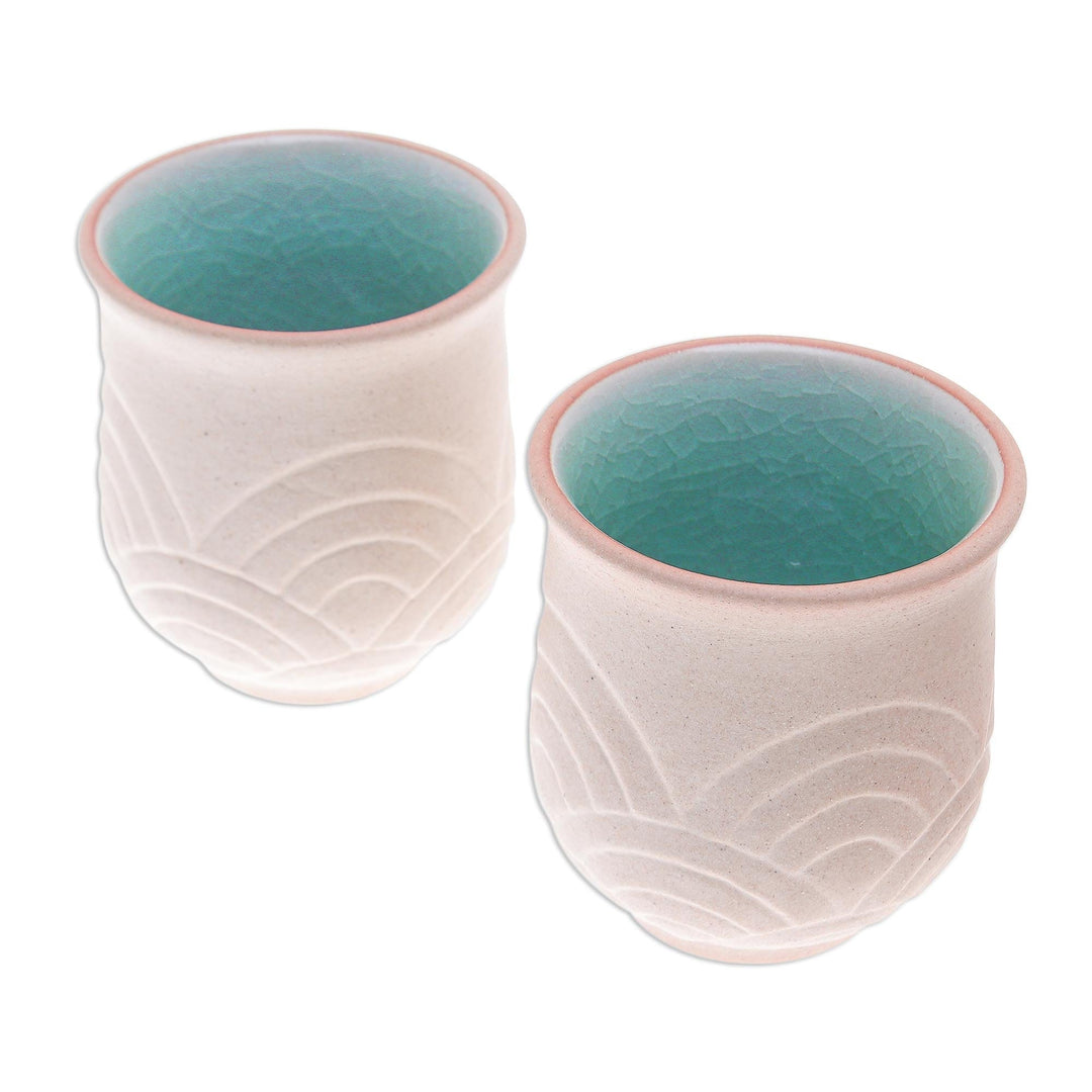 Hand Made Celadon Ceramic Cups from Thailand (Pair) - Gentle Waves