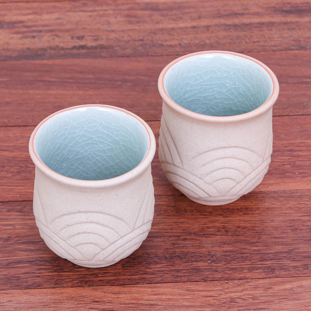 Hand Made Celadon Ceramic Cups from Thailand (Pair) - Gentle Waves
