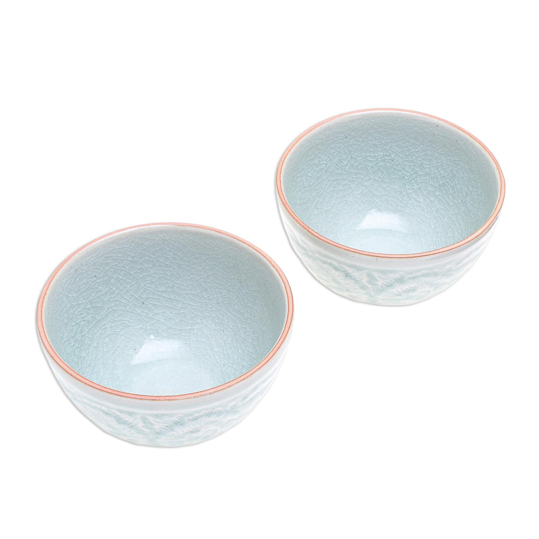 Hand Made Celadon Ceramic Floral Bowls (Pair) - Antique Flora