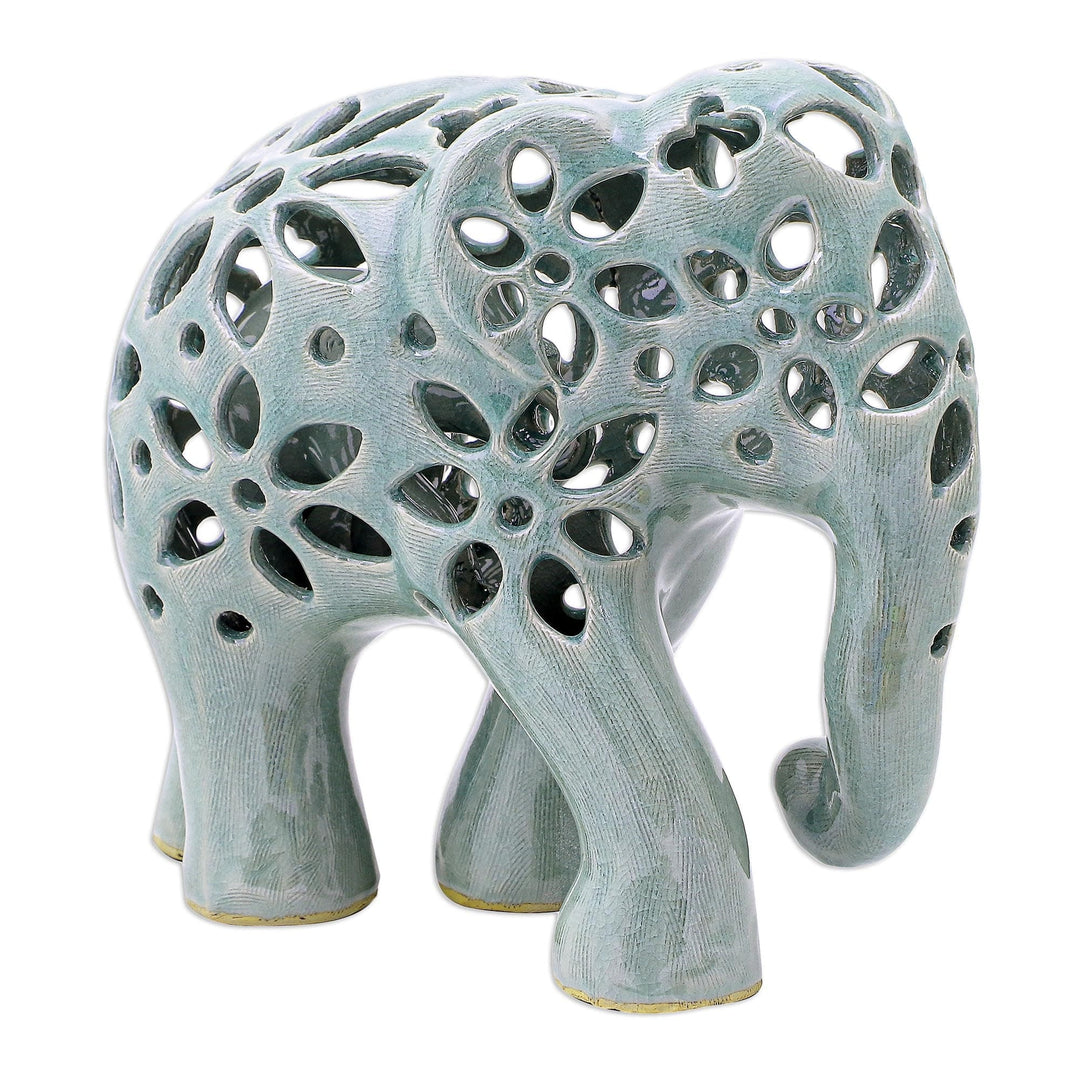 Hand Crafted Celadon Ceramic Elephant Sculpture - Flowering Elephant