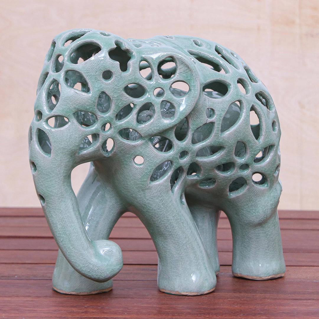 Hand Crafted Celadon Ceramic Elephant Sculpture - Flowering Elephant