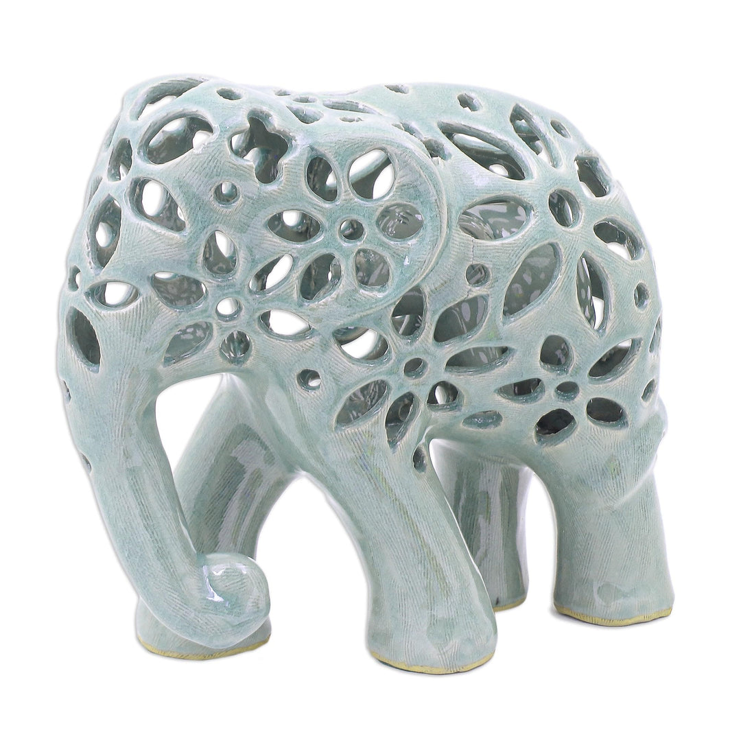 Hand Crafted Celadon Ceramic Elephant Sculpture - Flowering Elephant