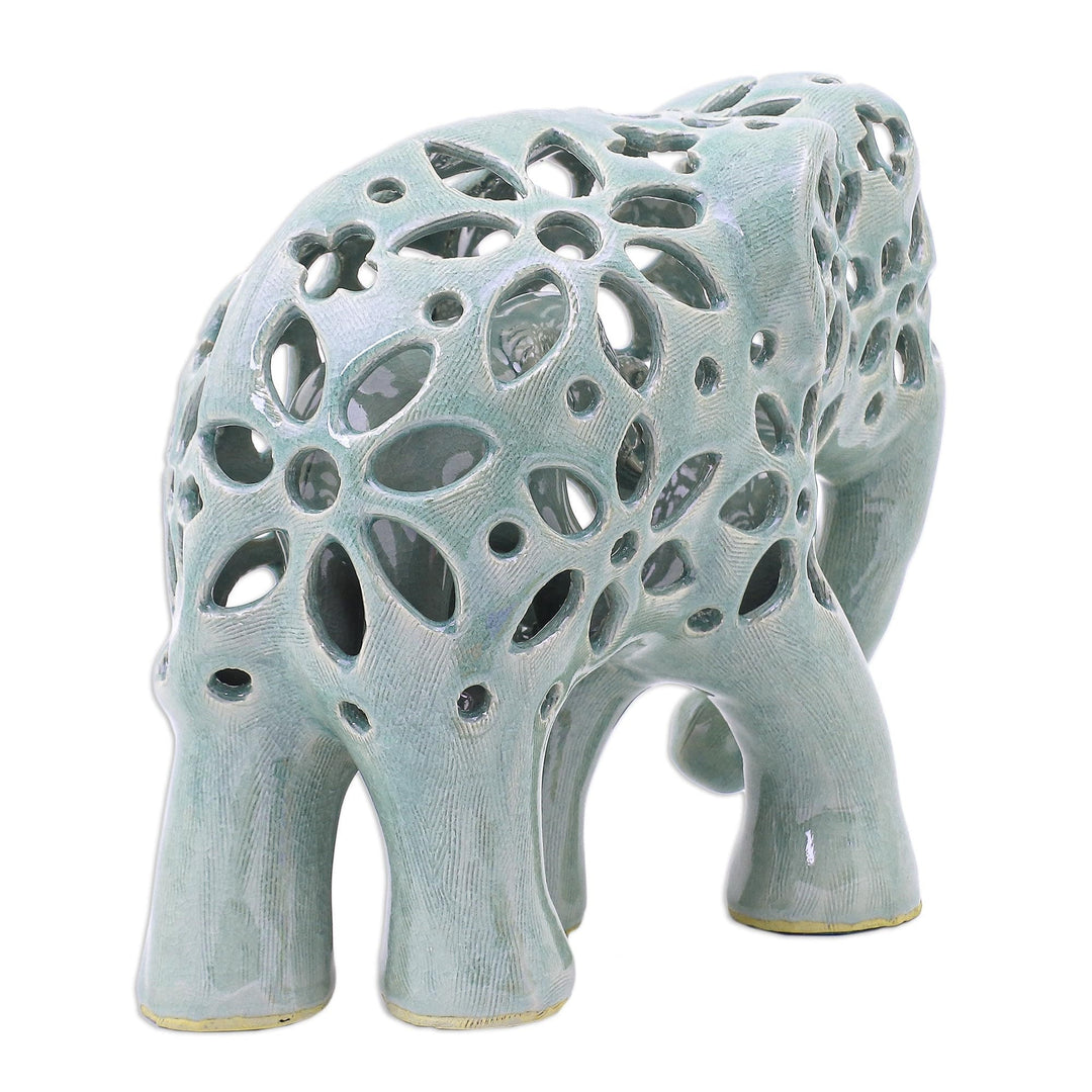 Hand Crafted Celadon Ceramic Elephant Sculpture - Flowering Elephant
