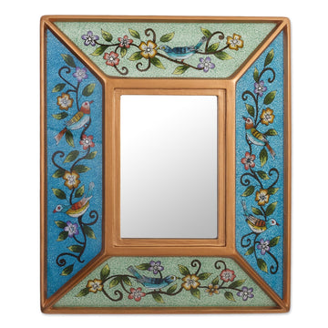 Floral Reverse-Painted Glass Wall Mirror - Birdsong in Blue and Green