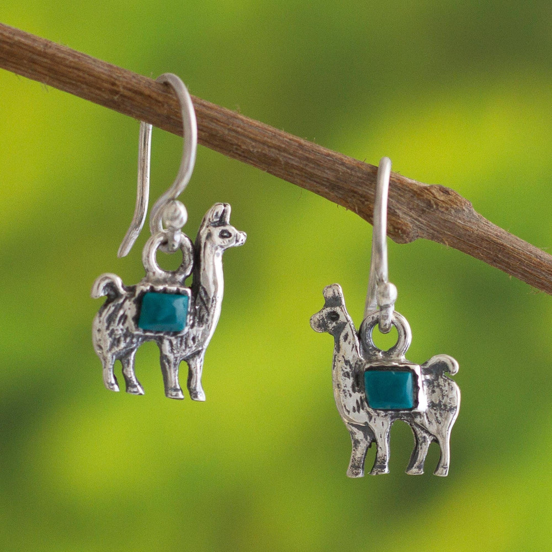 Peruvian Silver and Chrysocolla Llama Dangle Earrings - Andean Llama in Turquoise