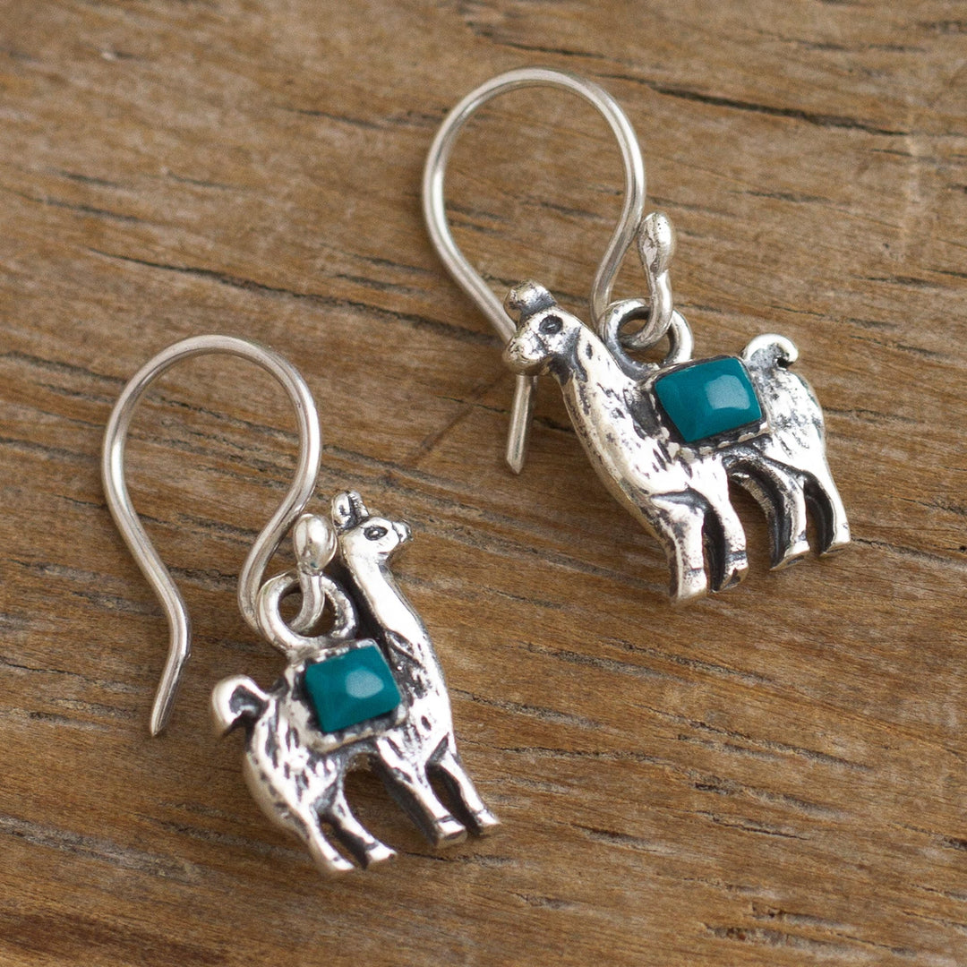 Peruvian Silver and Chrysocolla Llama Dangle Earrings - Andean Llama in Turquoise