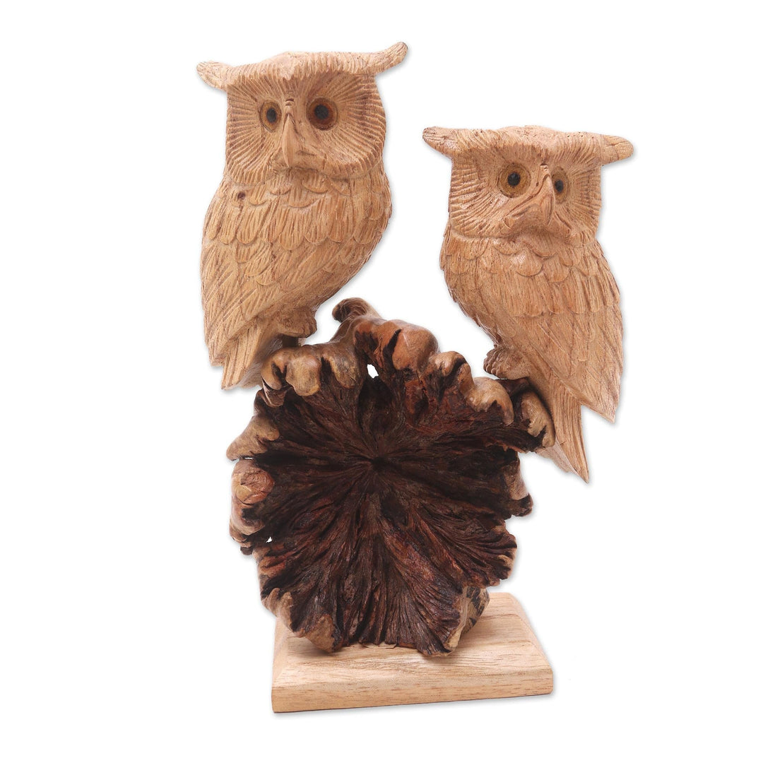 Hand Carved Jempinis and Benalu Wood Owl Sculpture - Romantic Owls