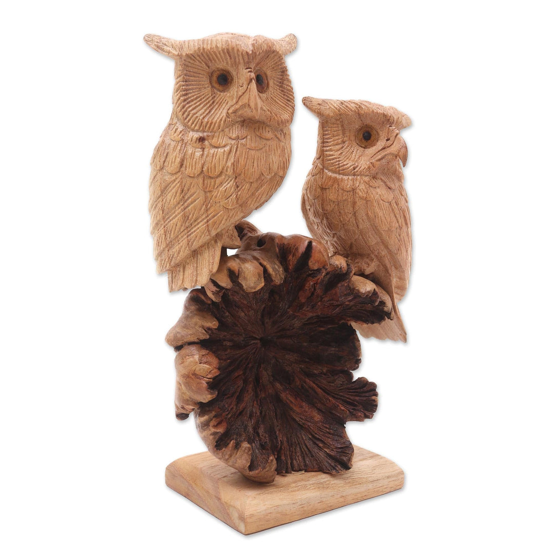 Hand Carved Jempinis and Benalu Wood Owl Sculpture - Romantic Owls