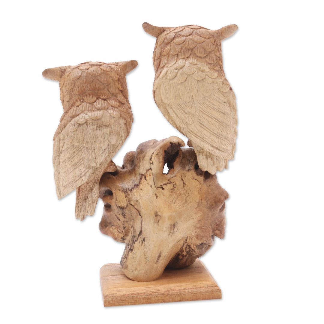 Hand Carved Jempinis and Benalu Wood Owl Sculpture - Romantic Owls