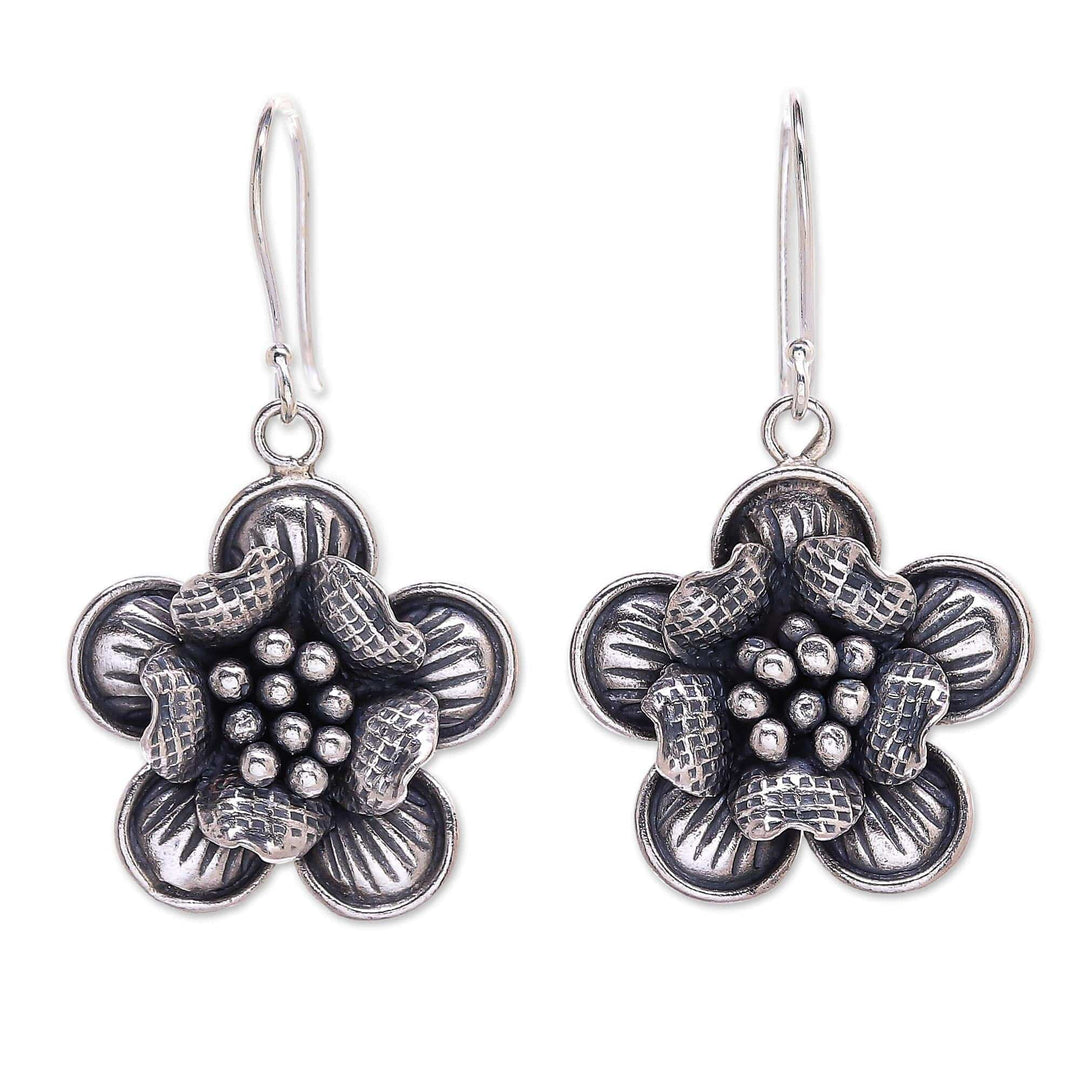 Handmade Sterling Silver Floral Dangle Earrings - Tribal Flower