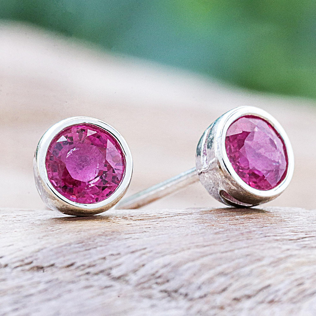 Thai Ruby and Sterling Silver Stud Earrings - Round Star