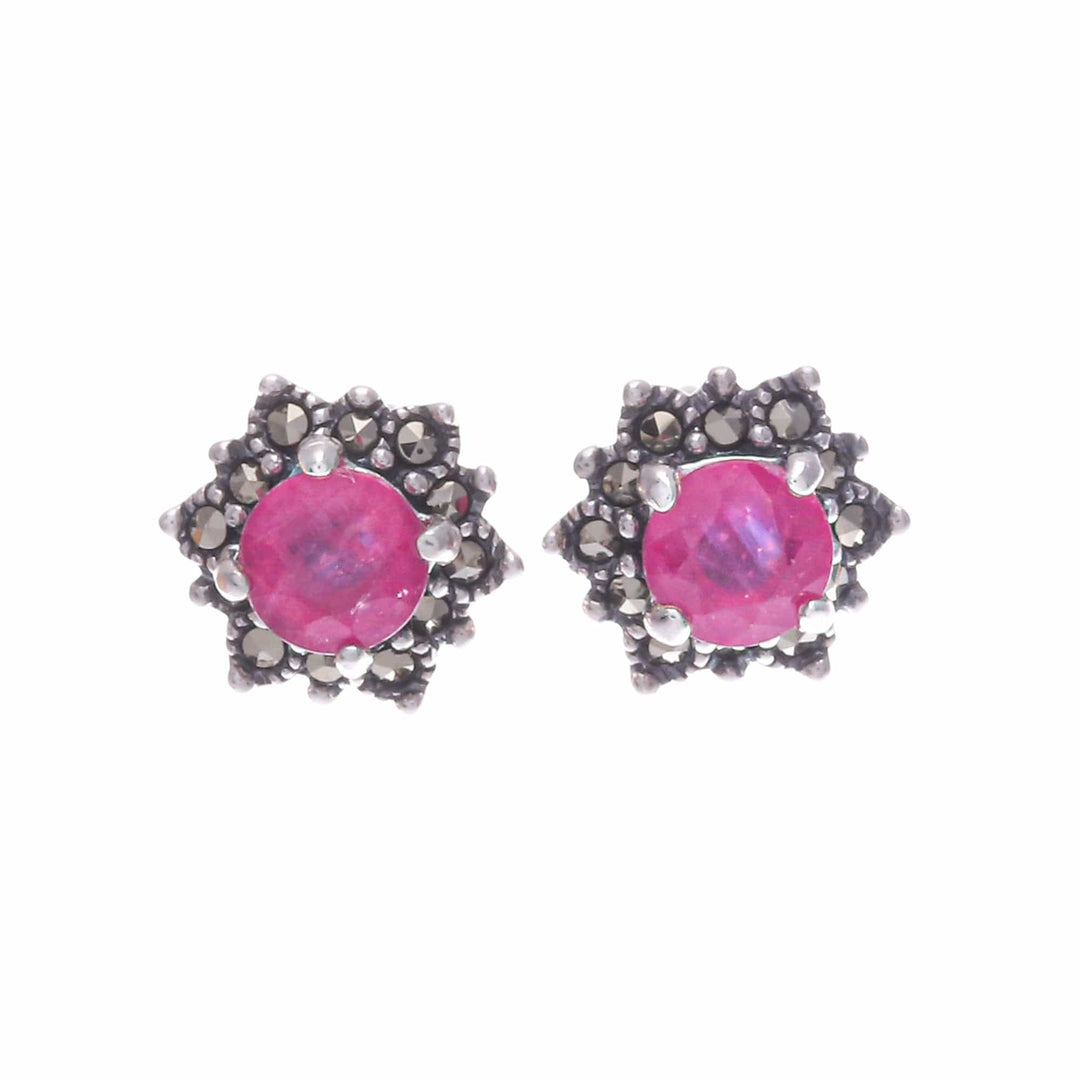 Artisan Crafted Ruby and Marcasite Stud Earrings - Firefly in Pink