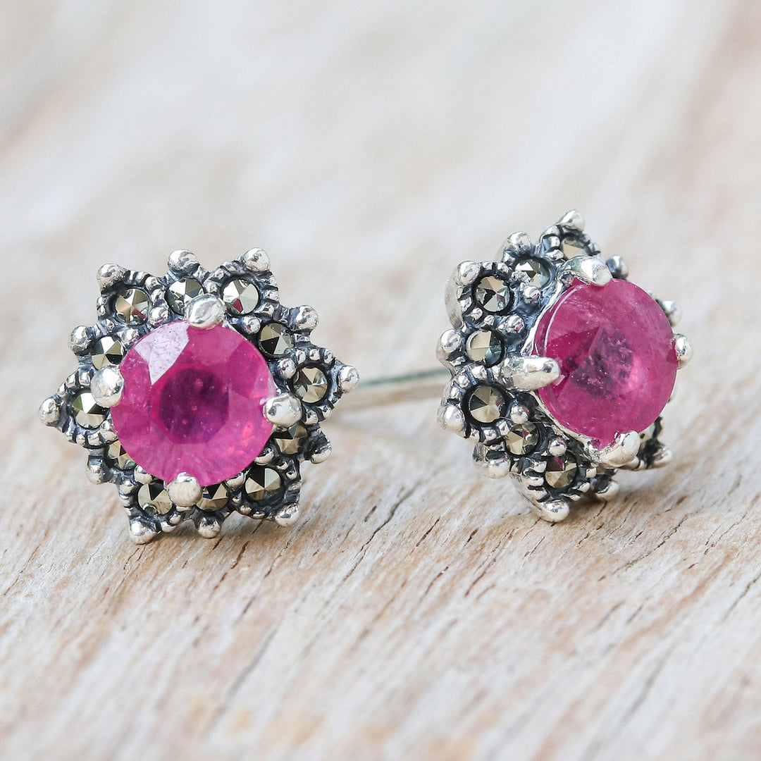 Artisan Crafted Ruby and Marcasite Stud Earrings - Firefly in Pink