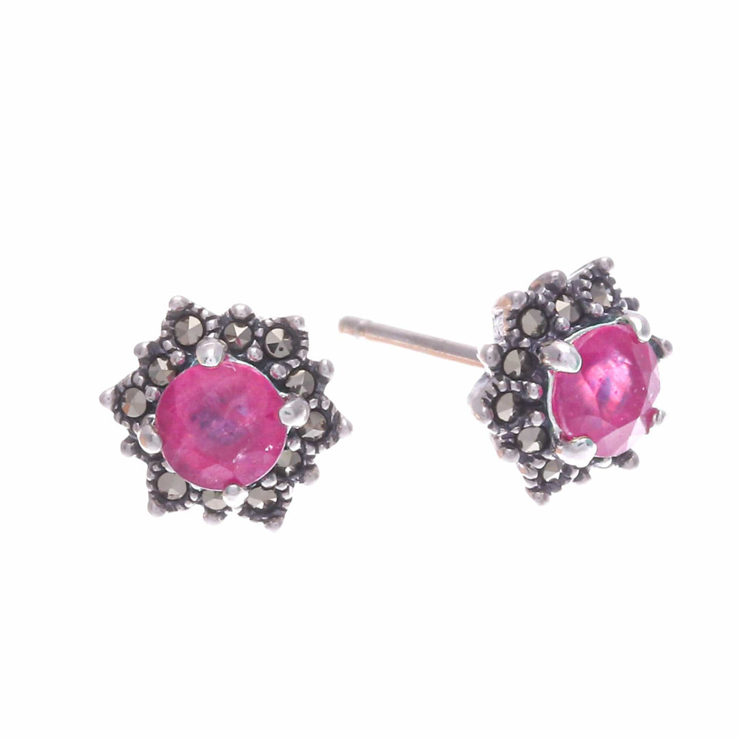 Artisan Crafted Ruby and Marcasite Stud Earrings - Firefly in Pink