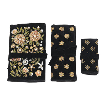 Embroidered Floral Jewelry Rolls from India (Set of 3) - Floral Saga