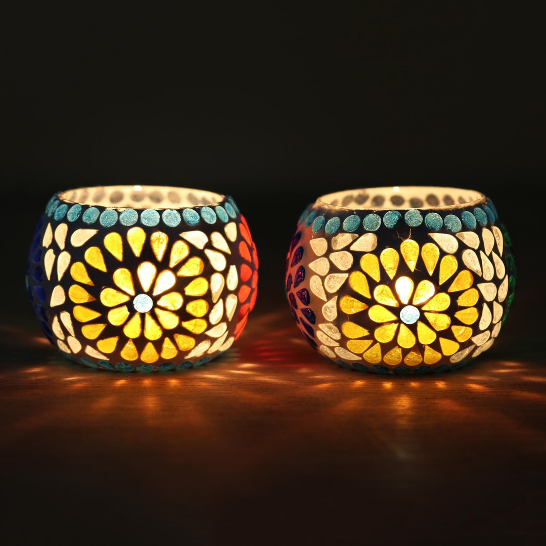 Hand Crafted Glass Mosaic Tealight Holders (Pair) - Ambient Flowers