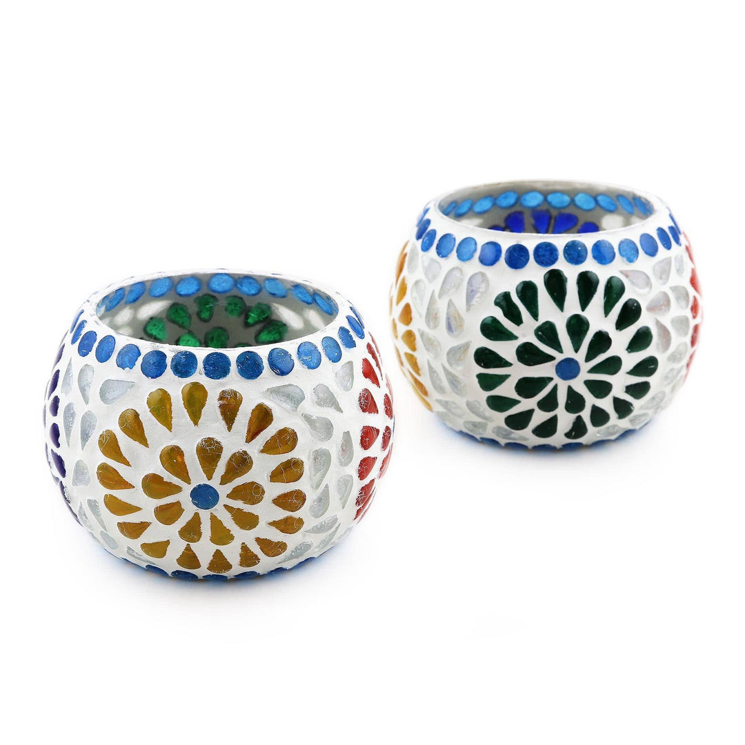 Hand Crafted Glass Mosaic Tealight Holders (Pair) - Ambient Flowers