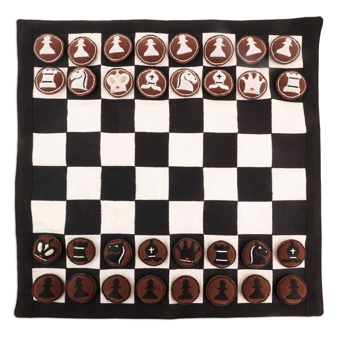 Hand Embroidered Cotton and Suede Chess Set - Compact Companion