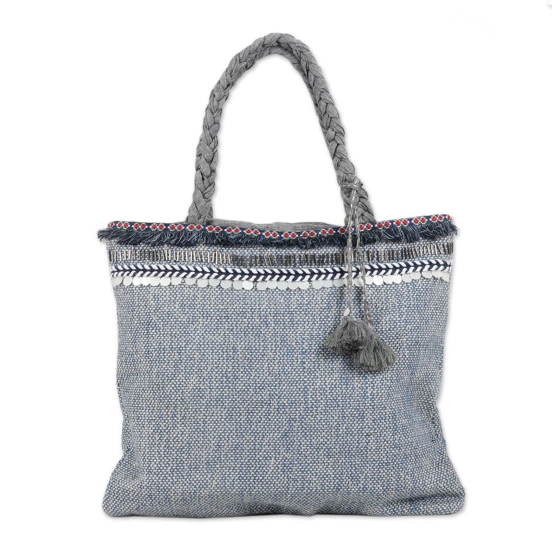 Embroidered Grey Linen and Cotton Tote Bag - Assam Elegance