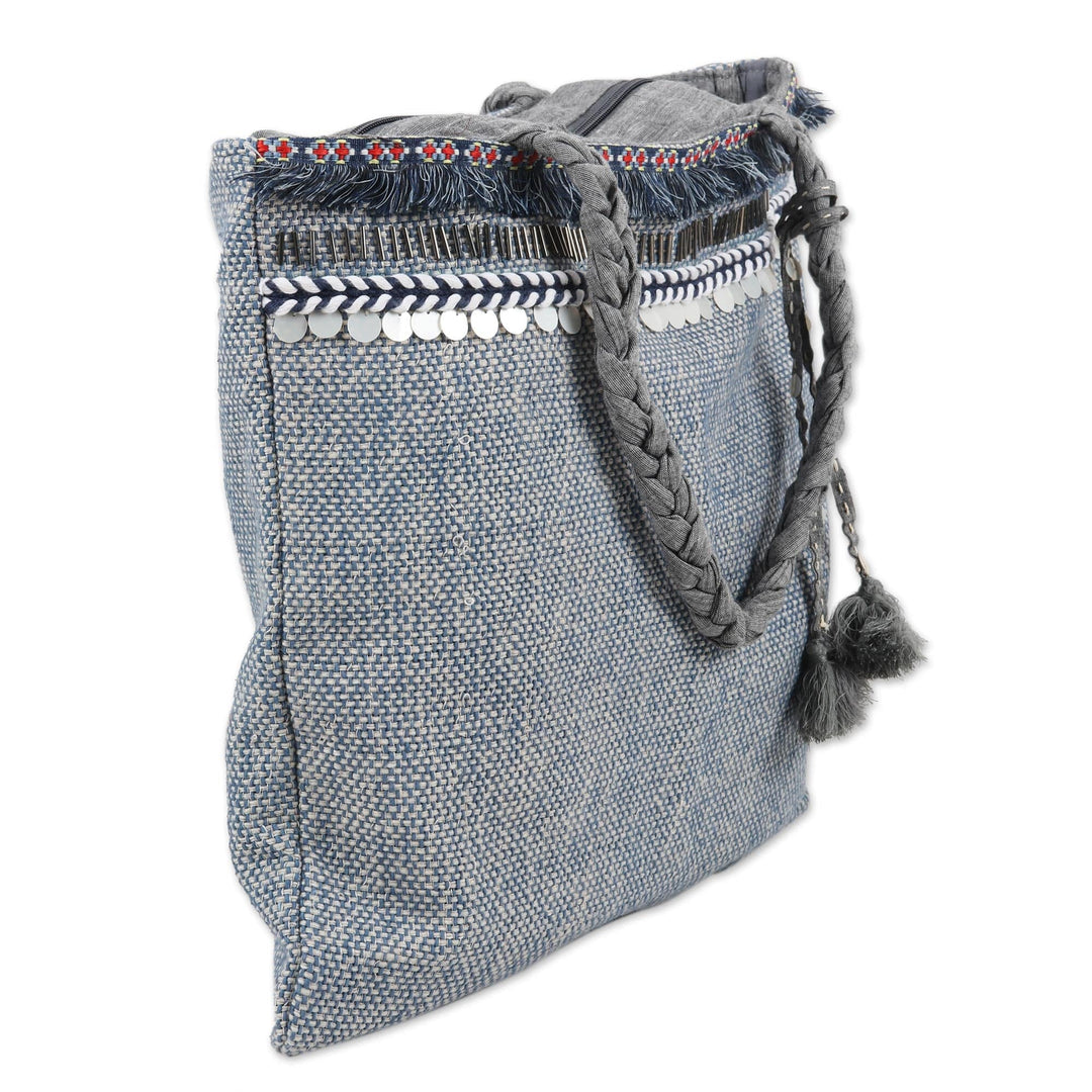 Embroidered Grey Linen and Cotton Tote Bag - Assam Elegance