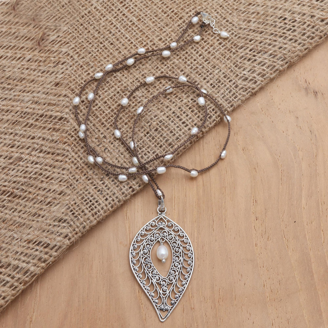 Sterling Silver and Cultured Pearl Pendant Necklace - Miana Leaves