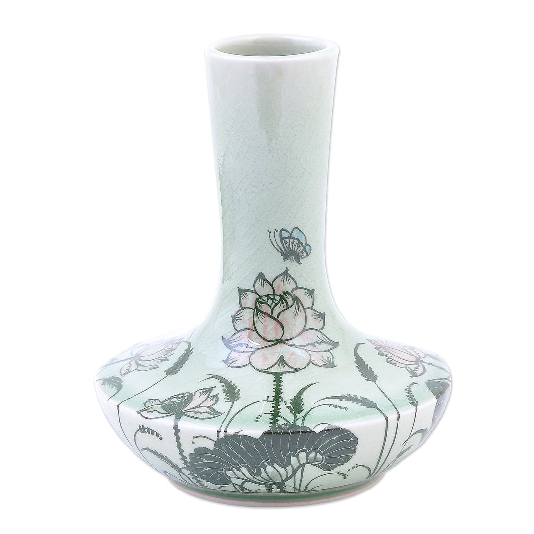 Hand Painted Celadon Ceramic Floral-Themed Vase - Fresh-Cut Lotus