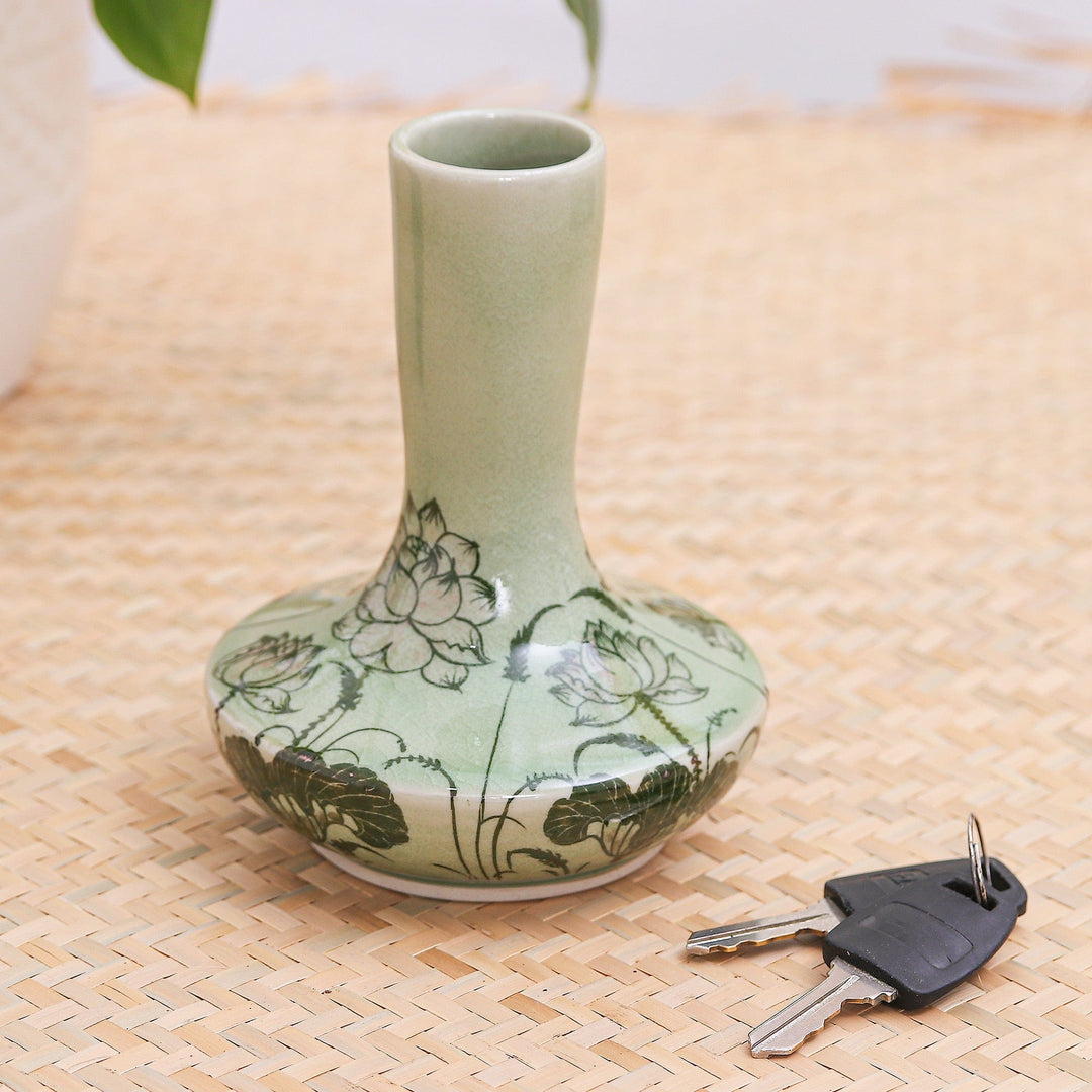 Hand Painted Celadon Ceramic Floral-Themed Vase - Fresh-Cut Lotus