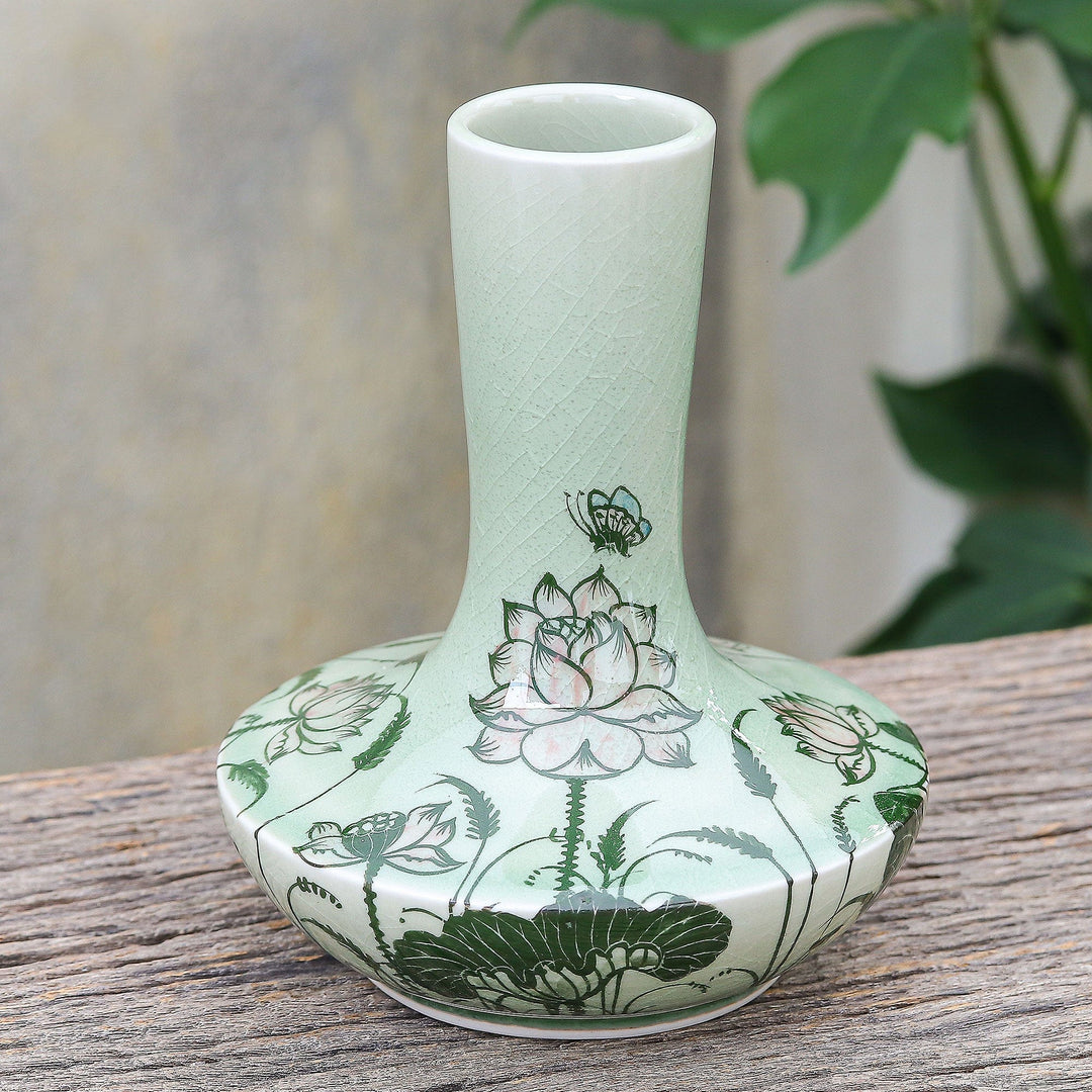 Hand Painted Celadon Ceramic Floral-Themed Vase - Fresh-Cut Lotus