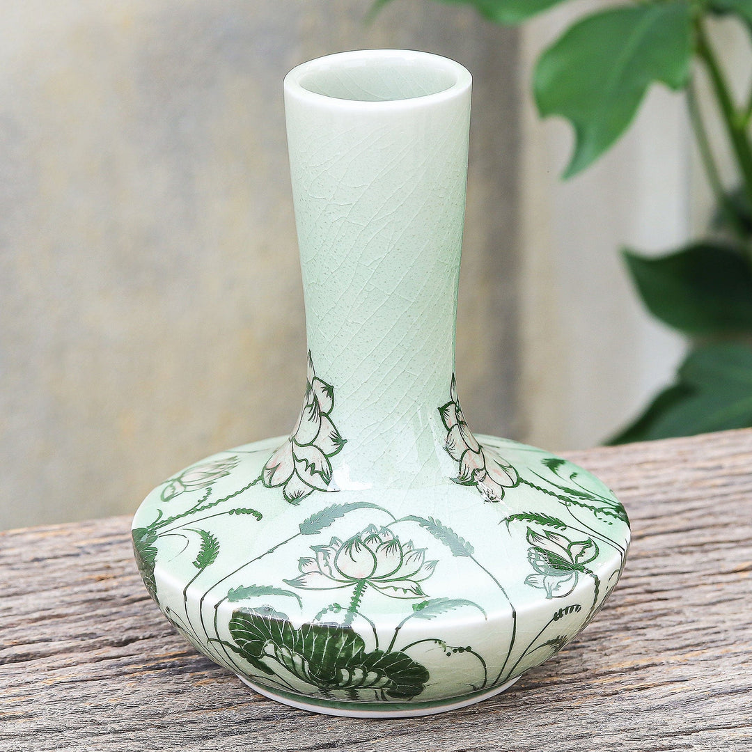 Hand Painted Celadon Ceramic Floral-Themed Vase - Fresh-Cut Lotus