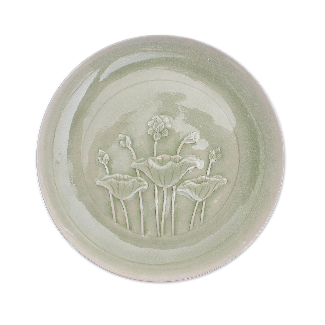 Green Celadon Ceramic Lotus Flower Dinner Plate - Flavorful